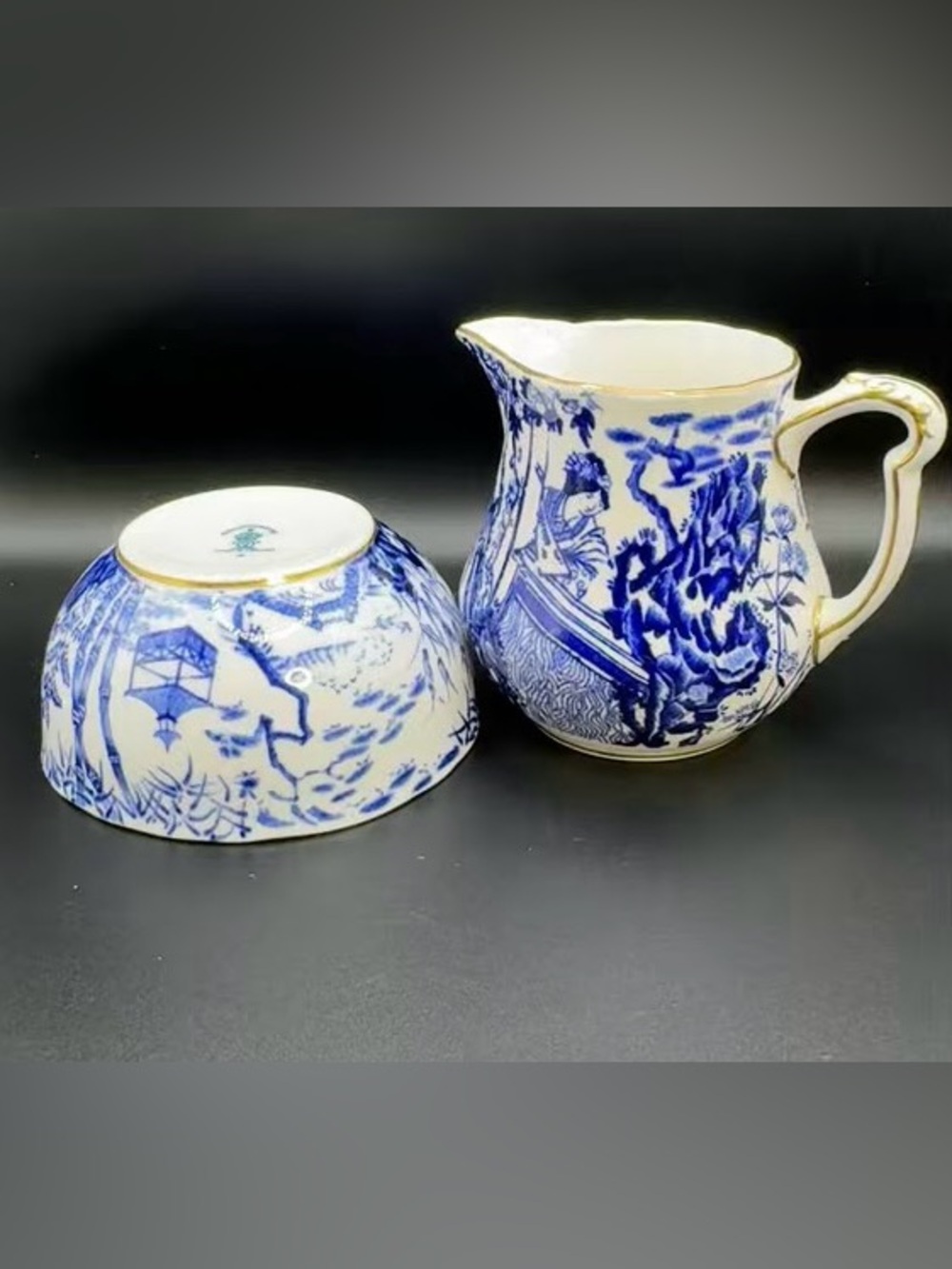 Vintage Royal Crown Derby Blue Mikado Creamer & Sugar Bowl Set WWII